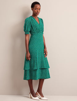 Ayla Silk Midi Dress - Green Cream Polka Dot Print