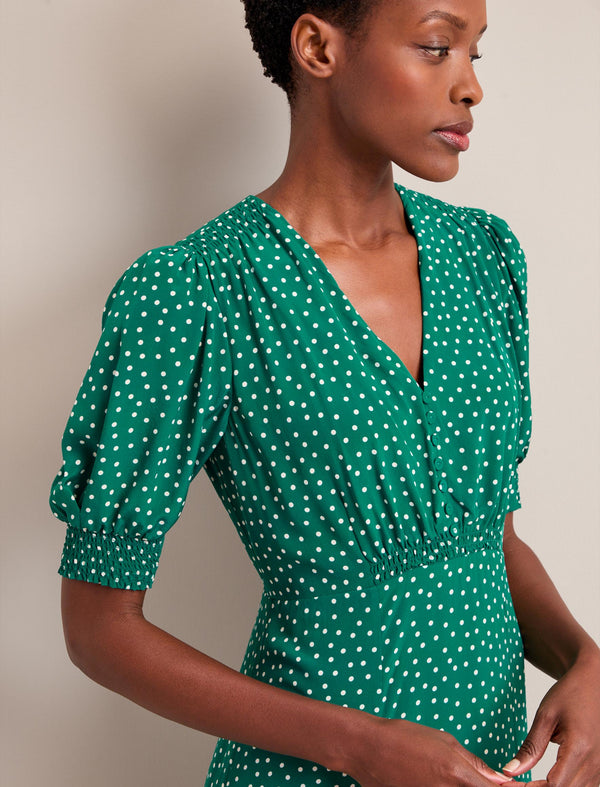 Ayla Silk Midi Dress - Green Cream Polka Dot Print