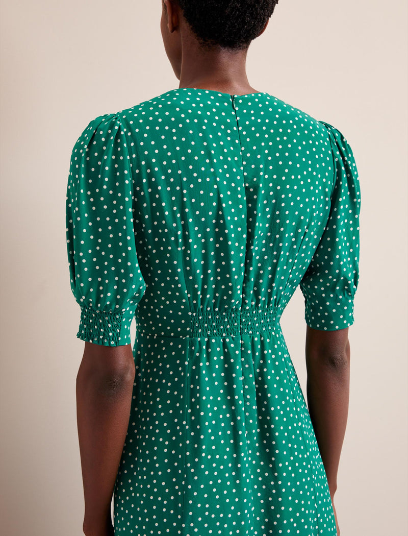 Ayla Silk Midi Dress - Green Cream Polka Dot Print