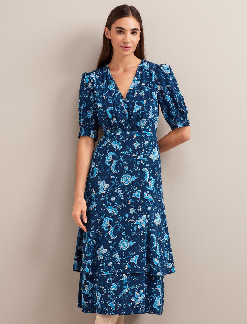 Ayla Silk Midi Dress - Navy Yellow Trailing Floral Print