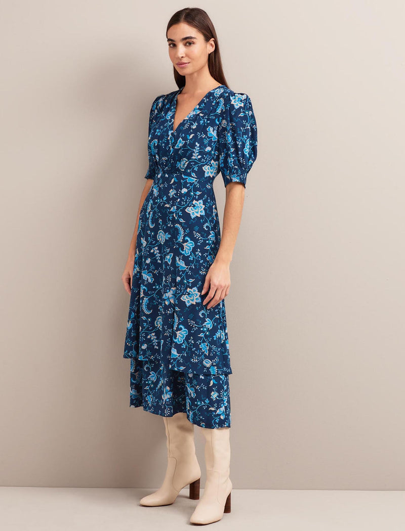 Ayla Silk Midi Dress - Navy Yellow Trailing Floral