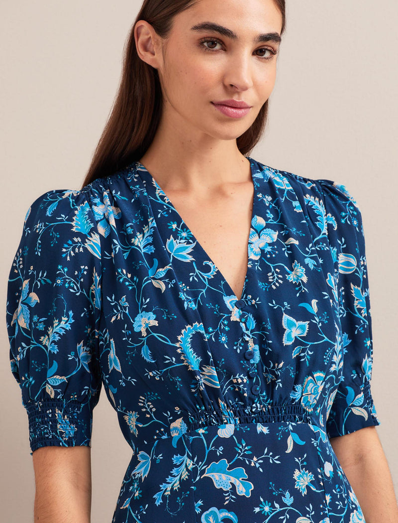 Ayla Silk Midi Dress - Navy Yellow Trailing Floral Print