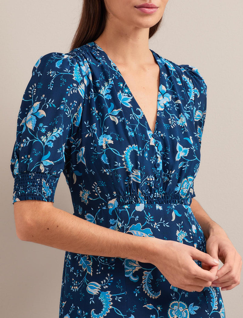 Ayla Silk Midi Dress - Navy Yellow Trailing Floral Print