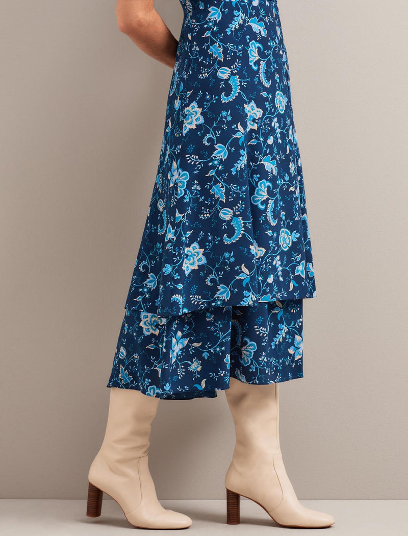 Ayla Silk Midi Dress - Navy Yellow Trailing Floral Print