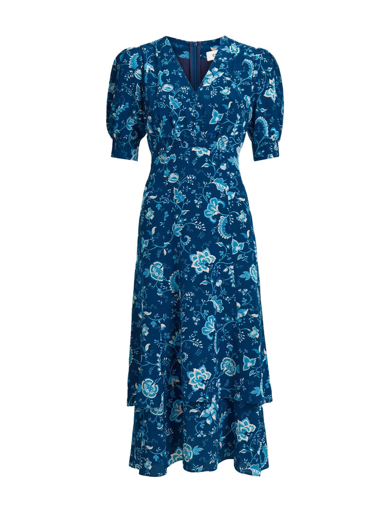 Ayla Silk Midi Dress - Navy Yellow Trailing Floral Print