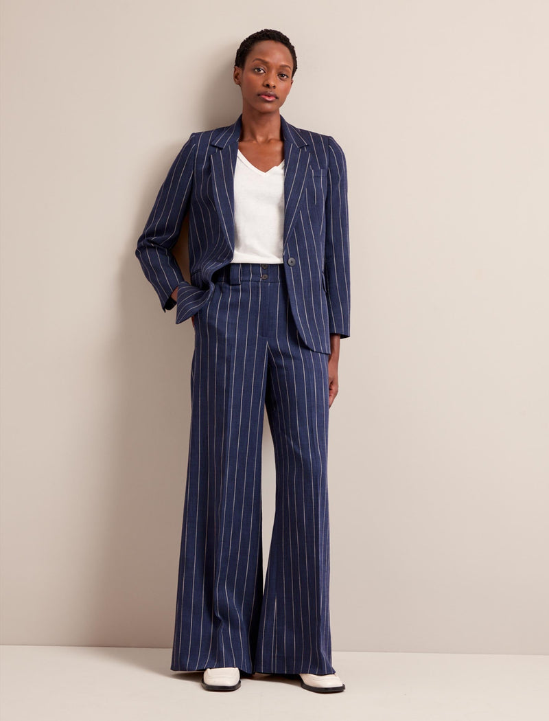 Tyler Wide Leg Trouser - Navy Pinstripe