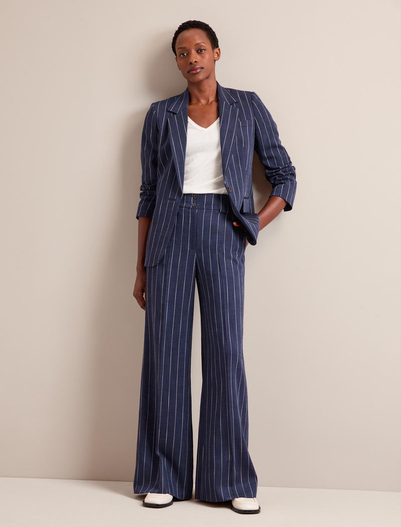 Tyler Wide Leg Trouser - Navy Pinstripe