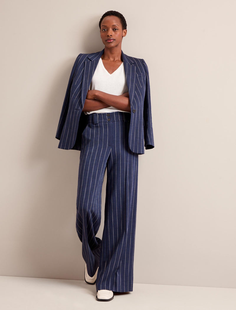 Tyler Wide Leg Trouser - Navy Pinstripe