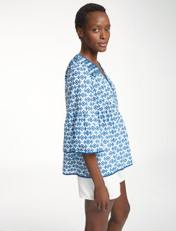 Hester Cotton Blouse - Blue Diamond Geo Print