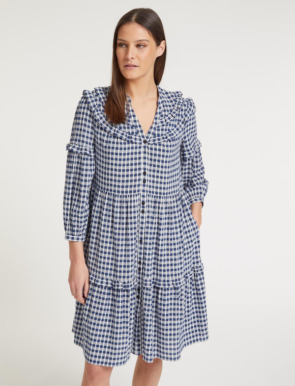 Suki Organic Cotton Seersucker Midi Dress - Blue White Check