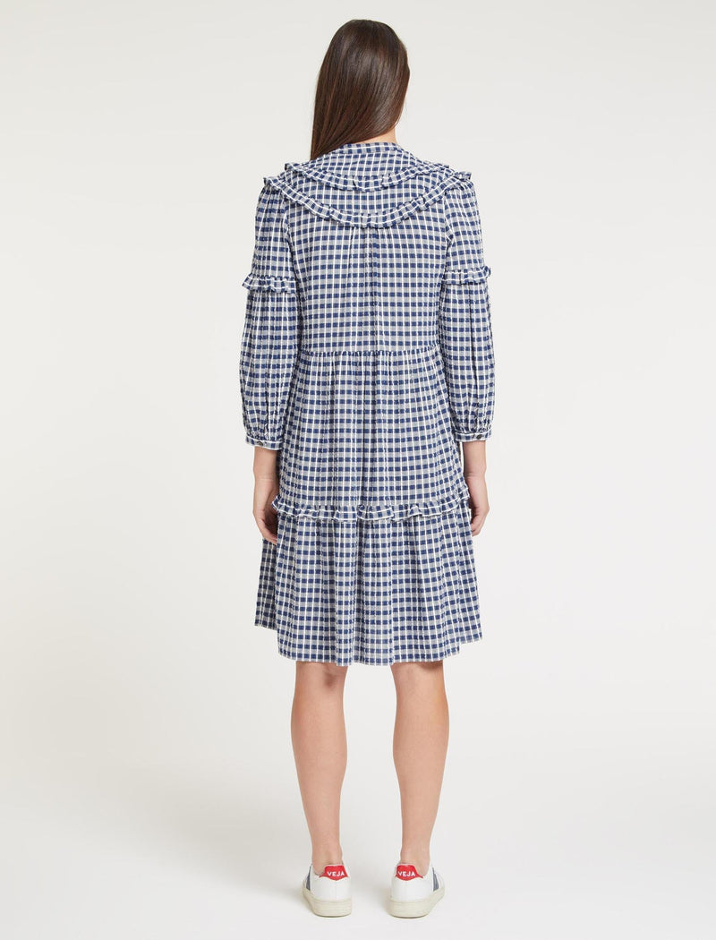 Suki Organic Cotton Seersucker Midi Dress - Blue White Check
