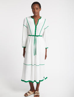 Salone Linen Blend Maxi Dress - White Emerald Green