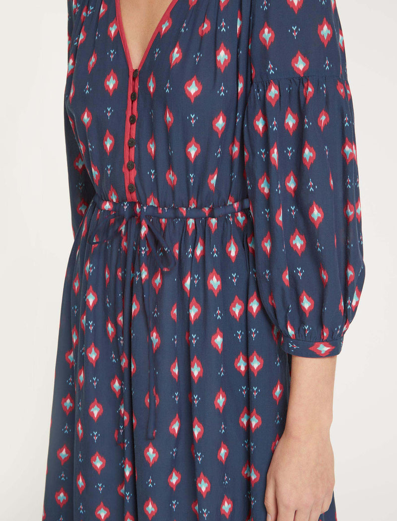 Yula Cotton Maxi Dress - Navy Ikat Print