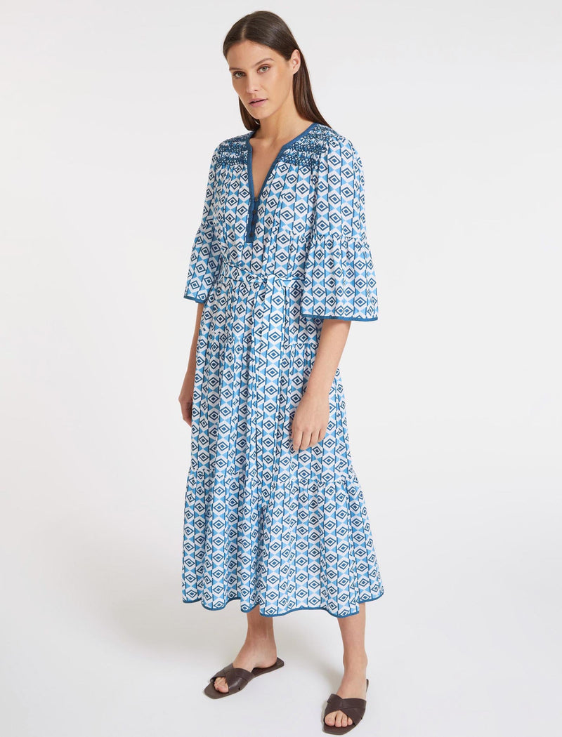 Hester Cotton Maxi Dress - Blue Diamond Geo Print