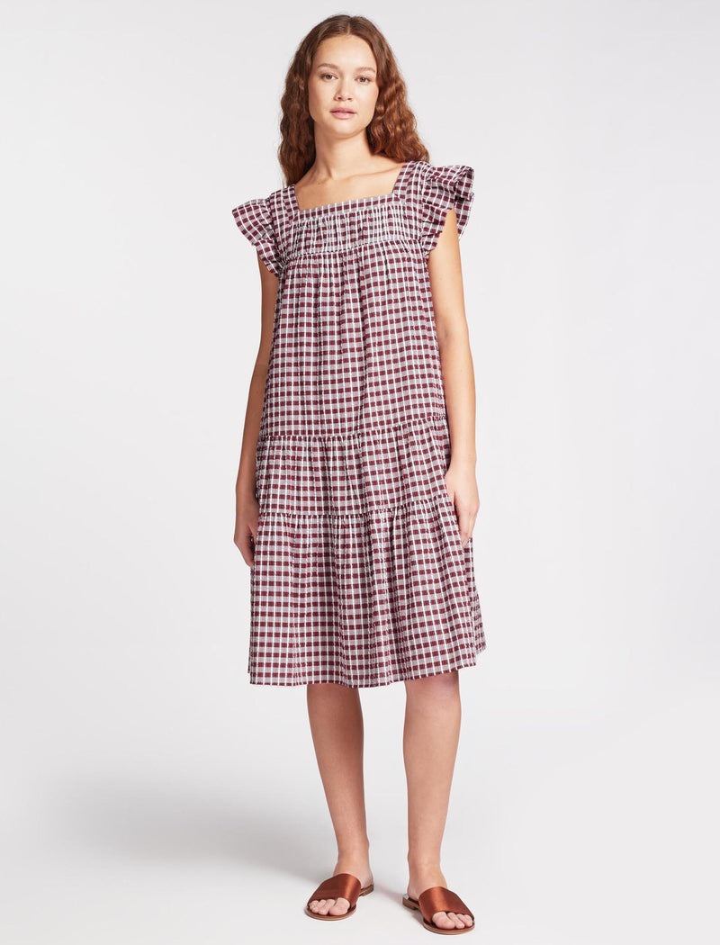 Maisie Organic Cotton Seersucker Midi Dress - Red White Check
