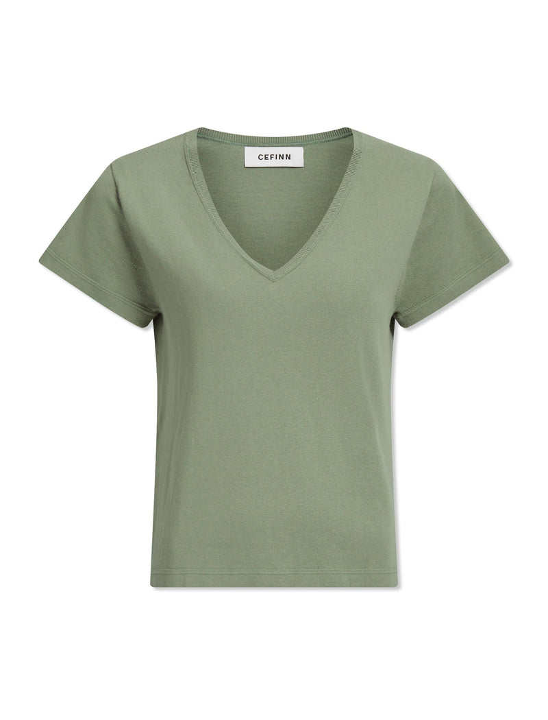 Madison Cotton Silk Blend V Neck T-Shirt - Sage Green