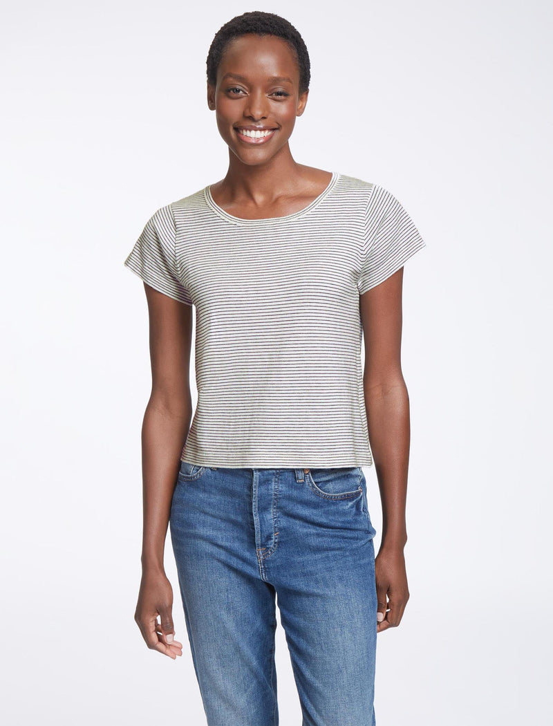 Madison Cotton Silk Blend Round Neck T-Shirt - White Navy Stripe