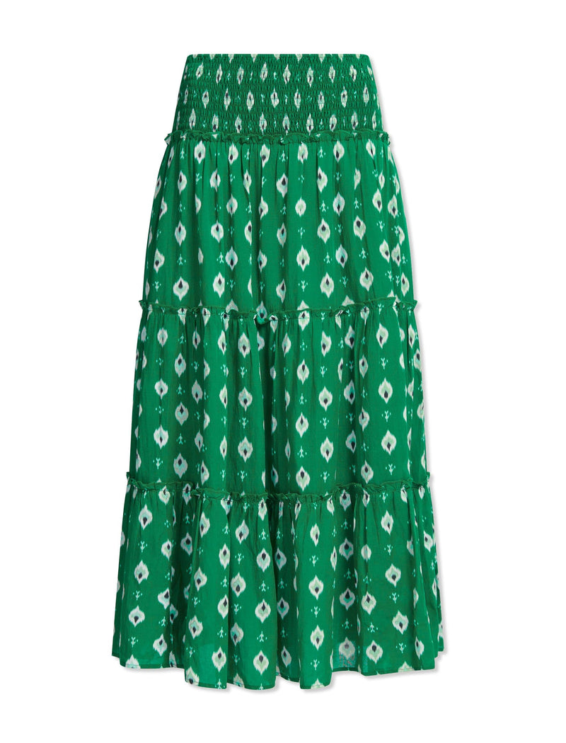 Kira Cotton Maxi Skirt - Green Ikat Print