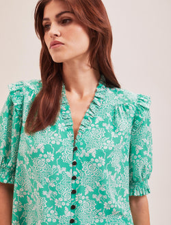 Stella Silk Blouse - Green Damask Print