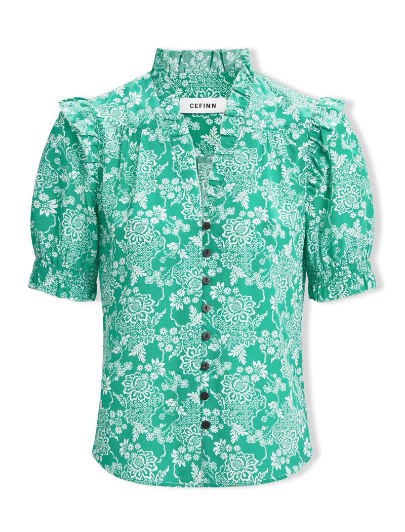 Stella Silk Blouse - Green Damask Print