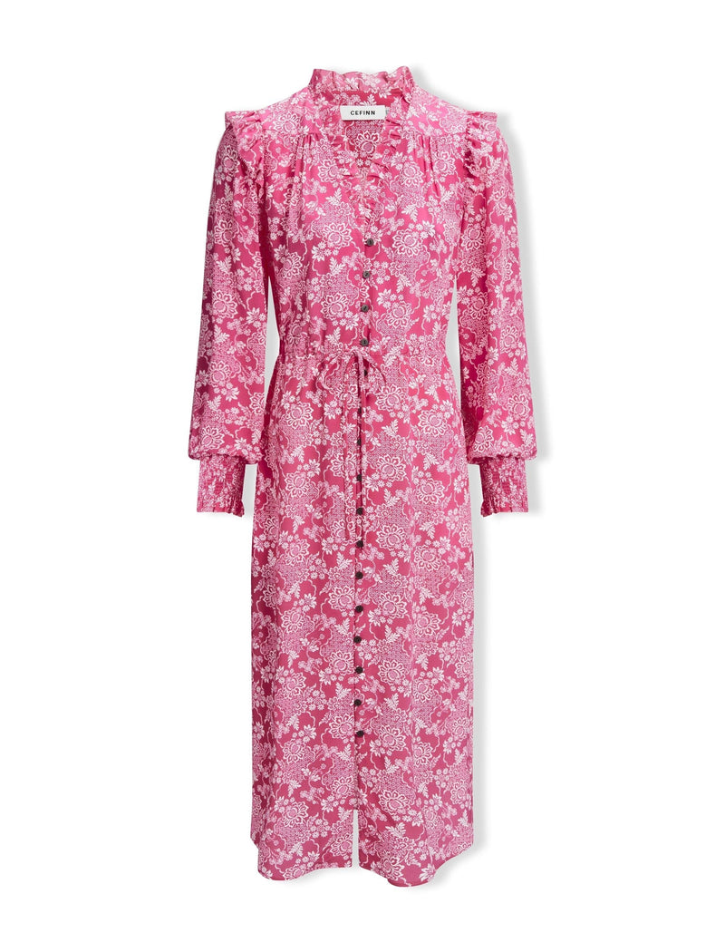 Stella Silk Midi Dress - Hot Pink Damask Print