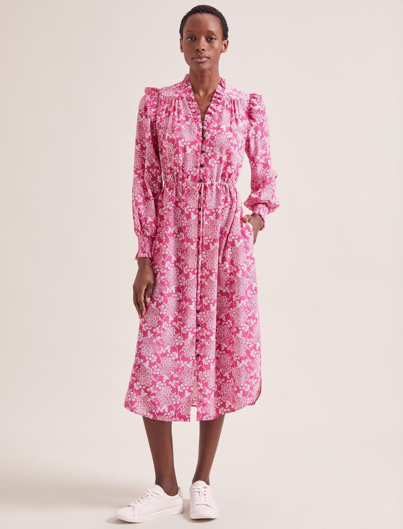 Stella Silk Midi Dress - Hot Pink Damask Print