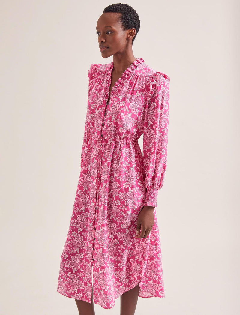 Stella Silk Midi Dress - Hot Pink Damask Print