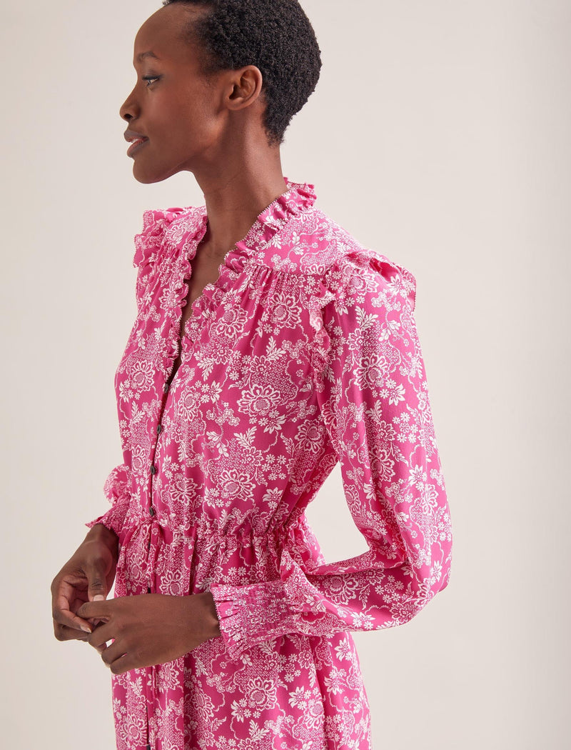 Stella Silk Midi Dress - Hot Pink Damask Print