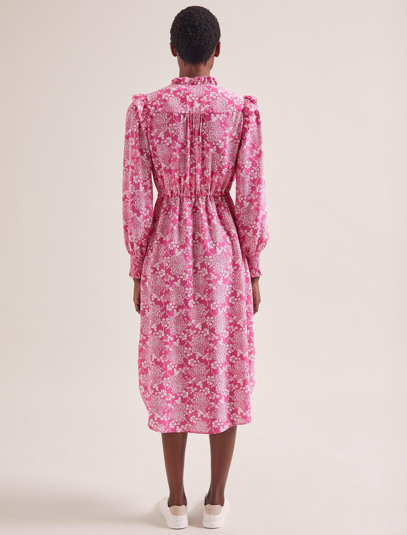 Stella Silk Midi Dress - Hot Pink Damask Print