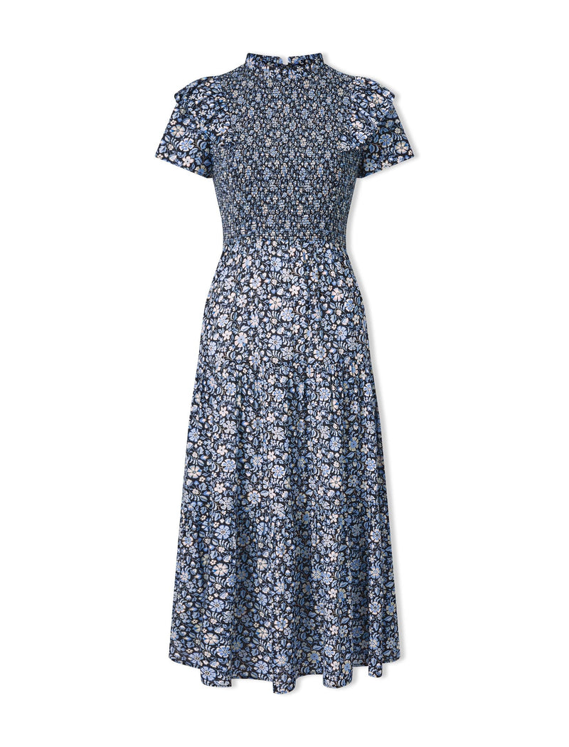 Sabrina Cotton Blend Maxi Dress - Blue Ditsy Carnation Print