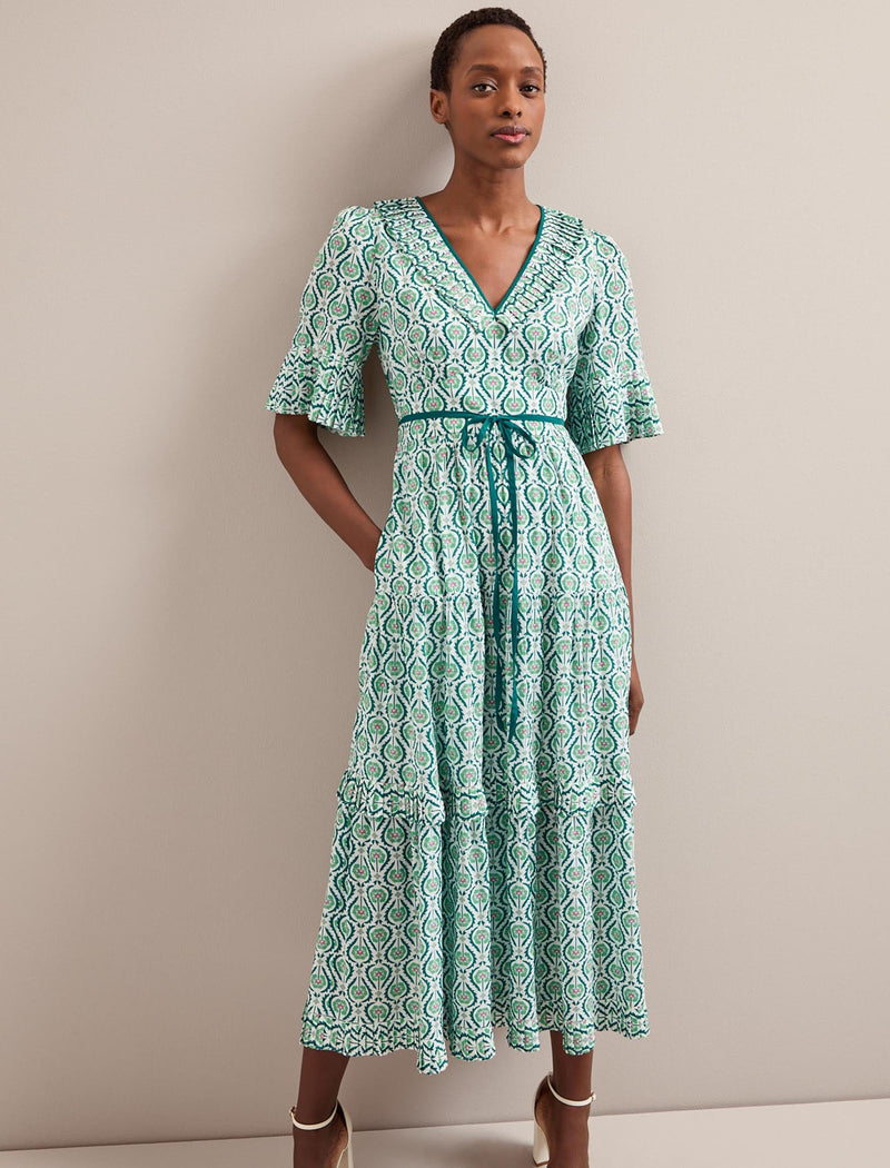 Cordelia Cotton Blend Maxi Dress - White Green Tudor Rose Print