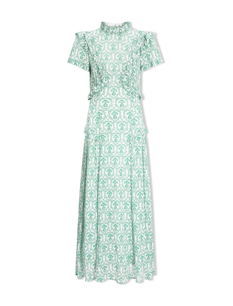 Mirabel Gold Metallic Fil Coupé Maxi Dress - Pale Green Carnation Print