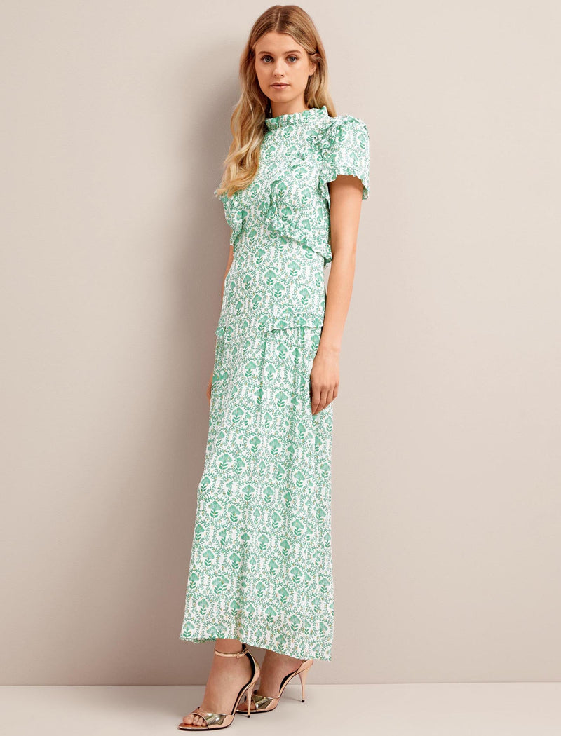 Mirabel Gold Metallic Fil Coupé Maxi Dress - Pale Green Carnation Print