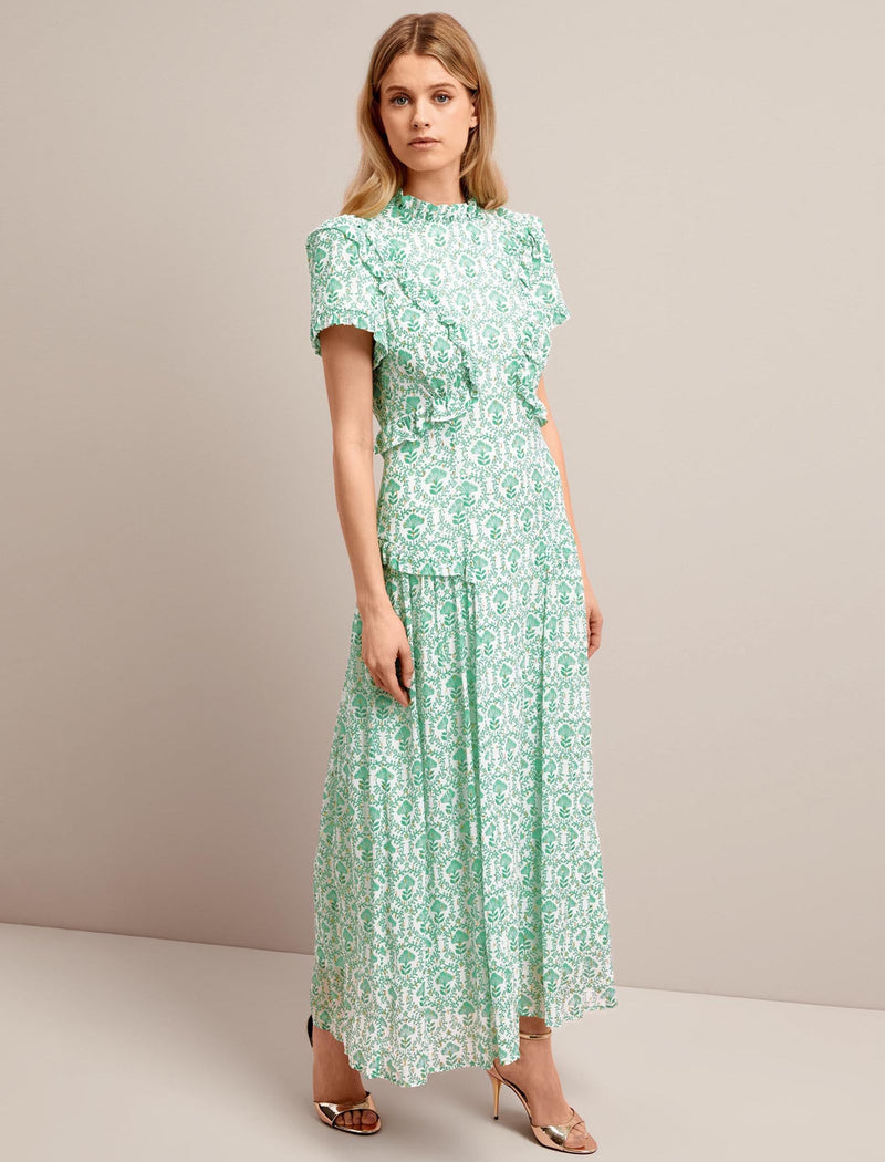 Mirabel Gold Metallic Fil Coupé Maxi Dress - Pale Green Carnation Print