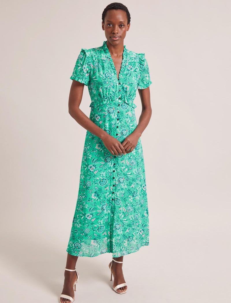 Liliana Cotton Blend Maxi Dress - Green White Palm Floral