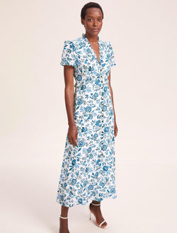 Liliana Cotton Blend Maxi Dress - White Blue Palm Floral