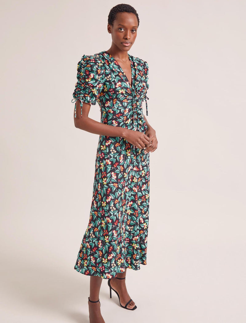 Ophelia Bias Cut Maxi Dress - Black Multi Tropical Floral Print