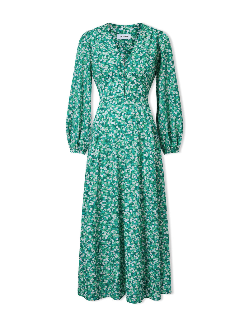 Cora Cotton Blend Maxi Dress - Mid Green Blossom Print