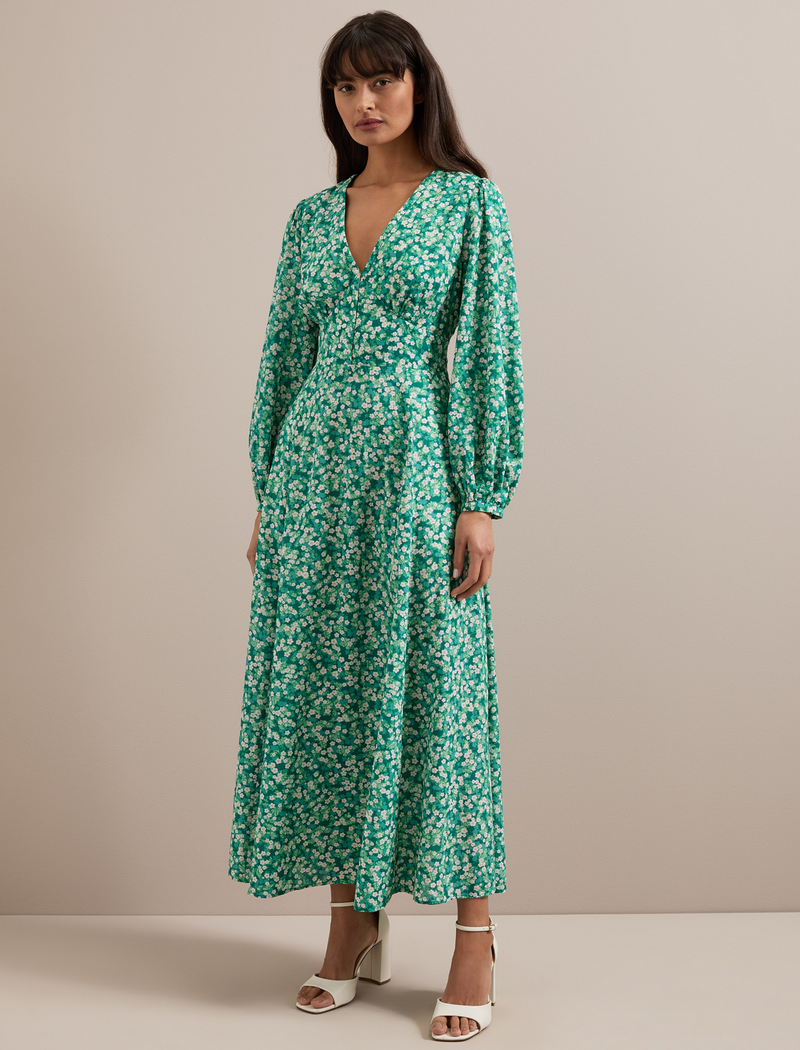 Cora Cotton Blend Maxi Dress - Mid Green Blossom Print