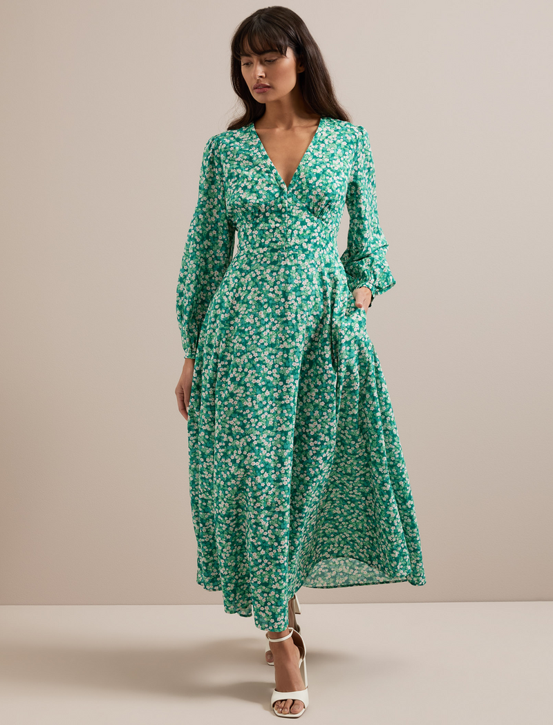 Cora Cotton Blend Maxi Dress - Mid Green Blossom Print