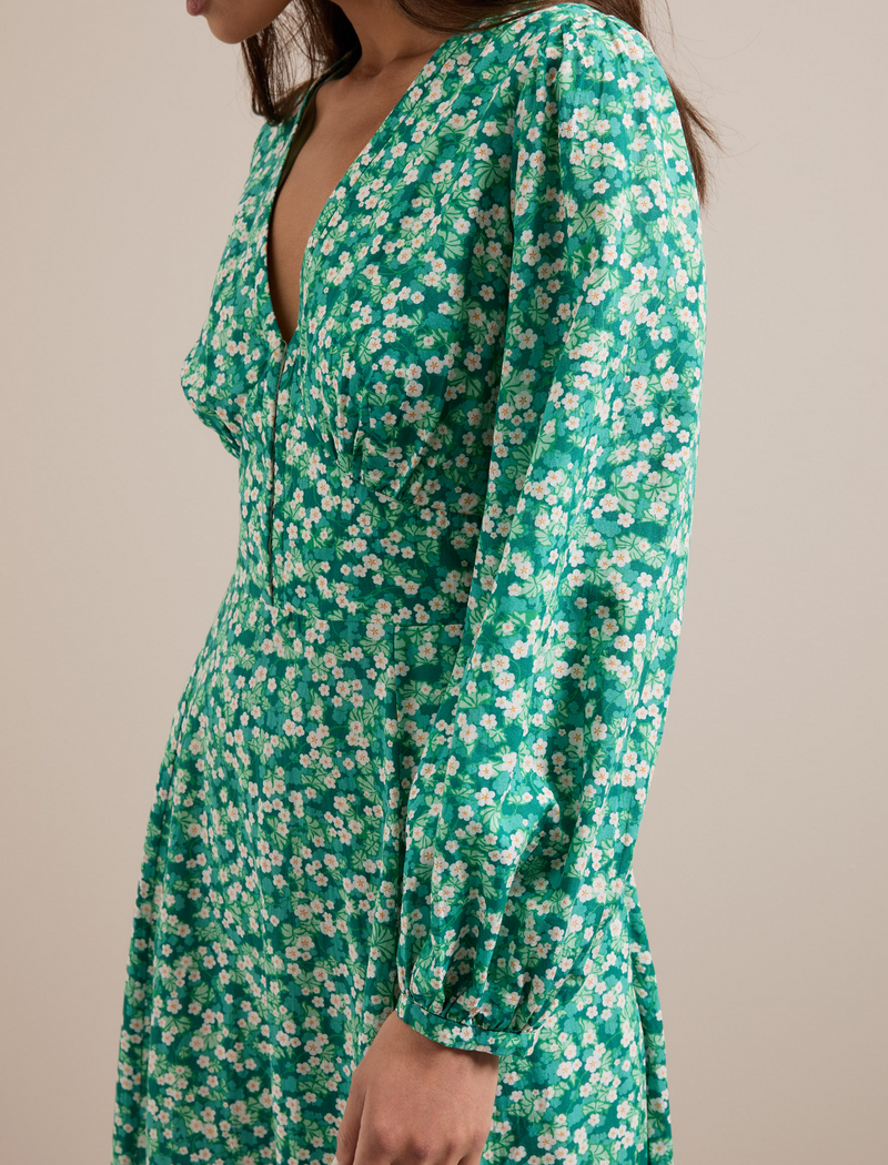 Cora Cotton Blend Maxi Dress - Mid Green Blossom Print