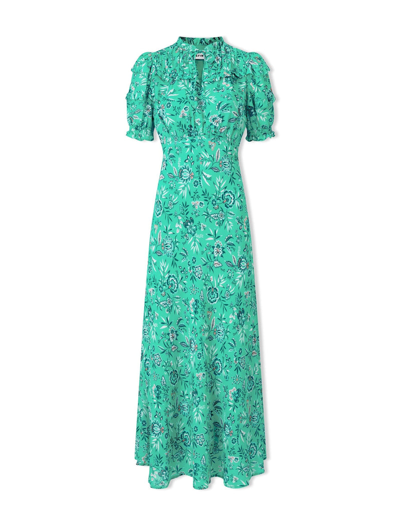 Viola Cotton Blend Bias Cut Maxi Dress - Green White Palm Floral