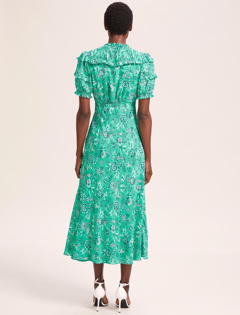 Viola Cotton Blend Bias Cut Maxi Dress - Green White Palm Floral