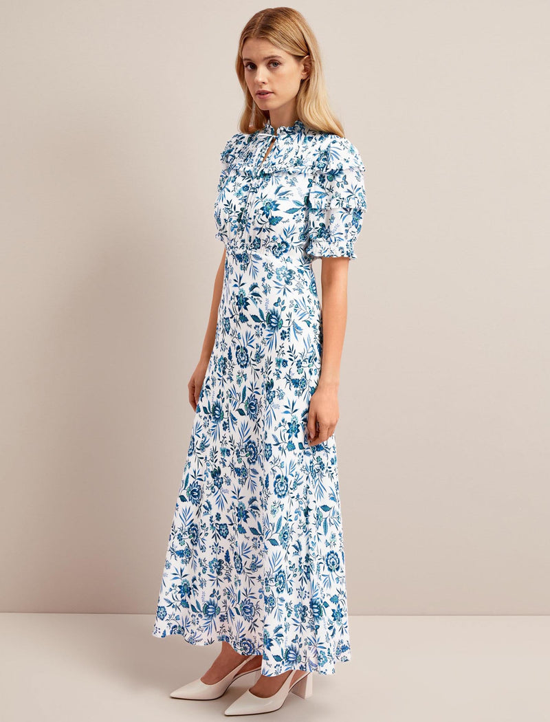 Viola Cotton Blend Bias Cut Maxi Dress - White Blue Palm Floral