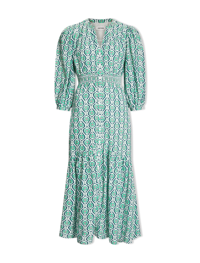 Aspen Cotton Blend Maxi Dress - White Green Tudor Rose Print