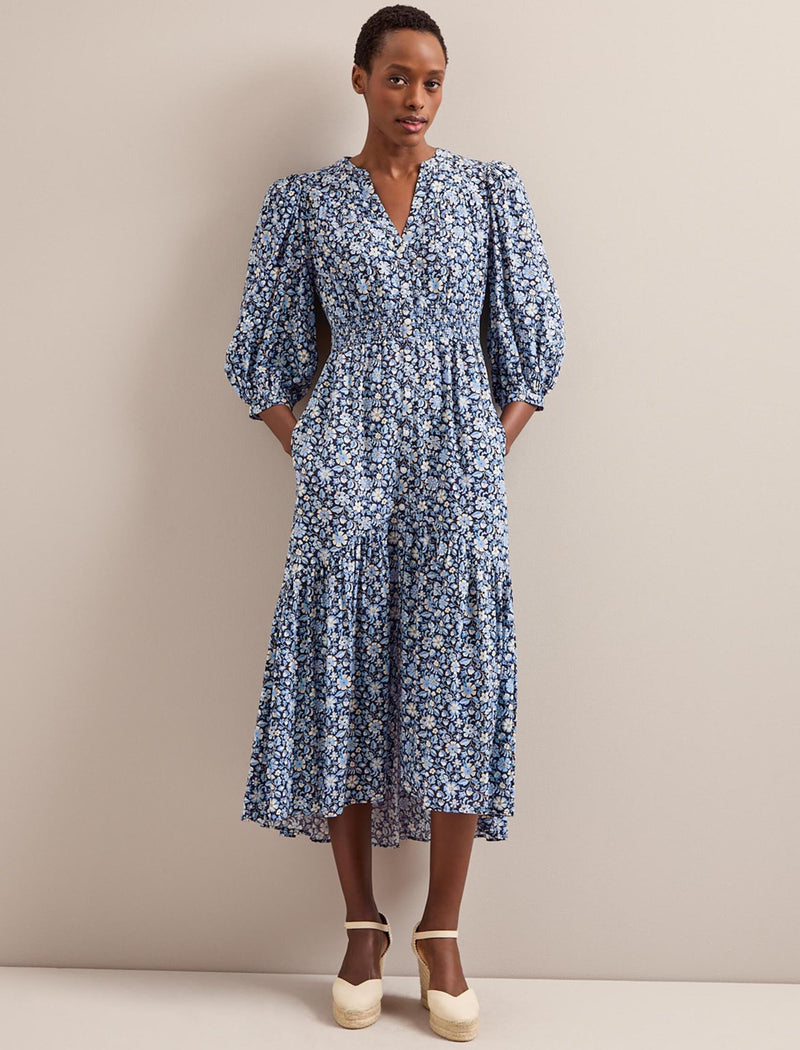 Aspen Cotton Blend Maxi Dress - Blue Ditsy Carnation Print