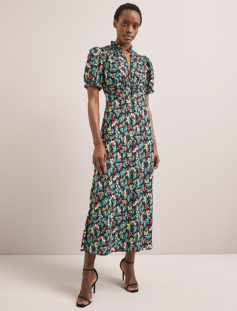 Irina Bias Cut Maxi Dress - Black Multi Tropical Floral Print