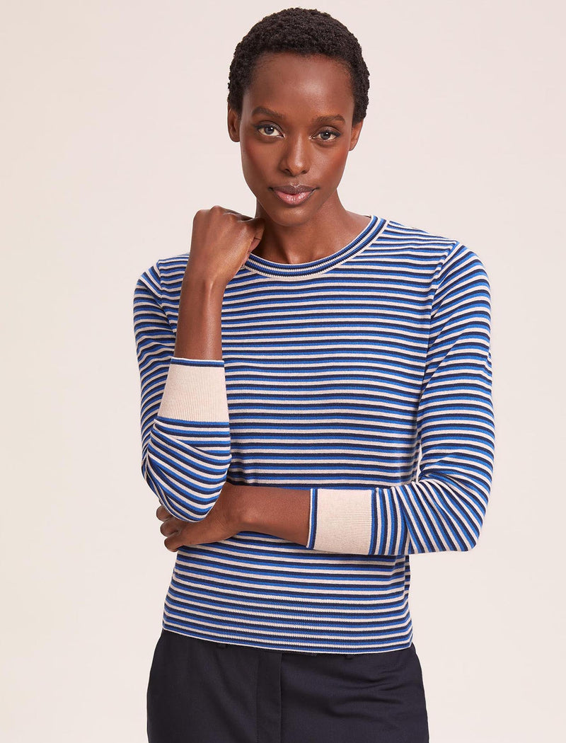 Jodi Cotton Jumper - Navy Blue Beige Stripe