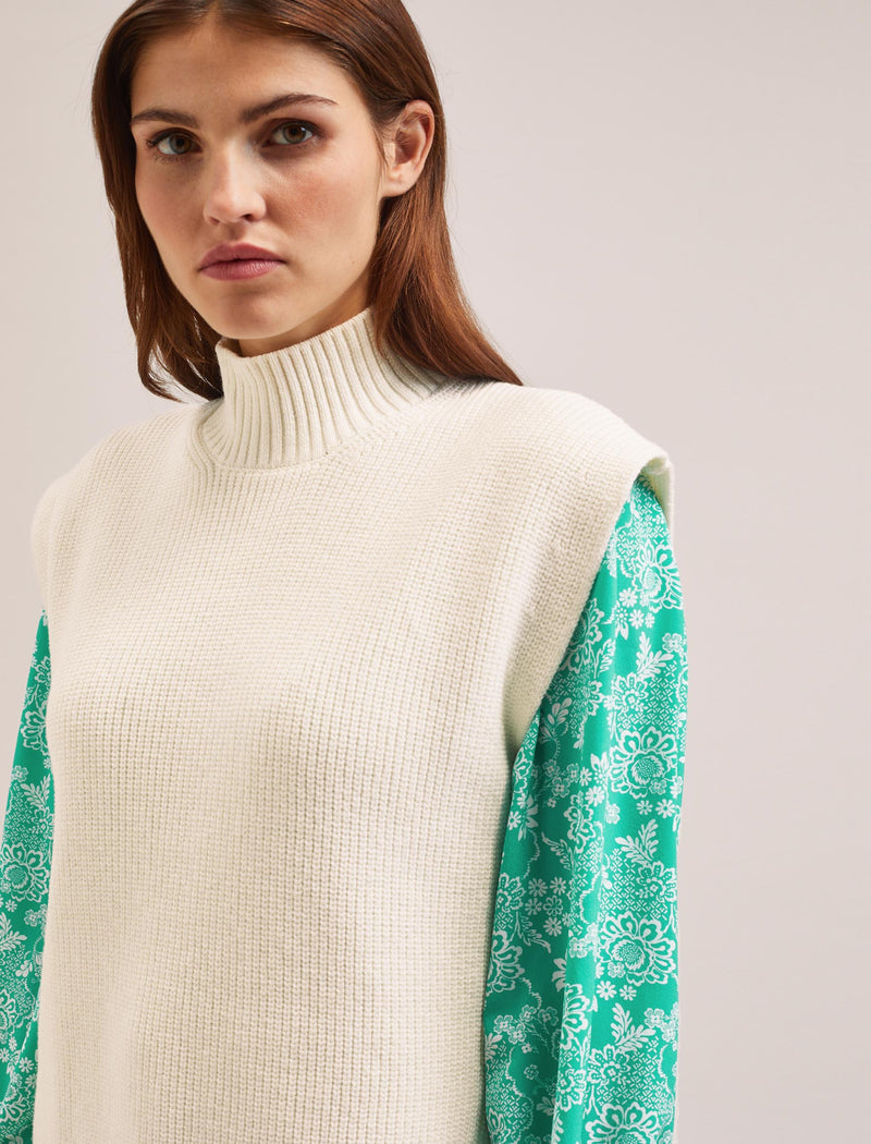 Janice Cotton Blend Funnel Neck Sleeveless Jumper - Cream
