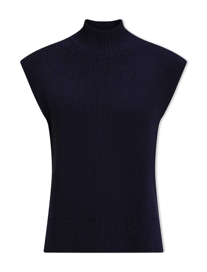 Janice Cotton Blend Funnel Neck Sleeveless Jumper - Navy